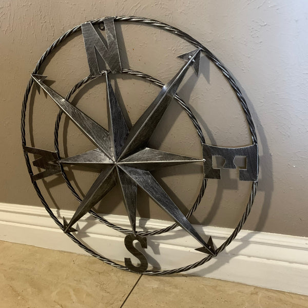 #SI_B8235 COMPASS 24" GREY METAL SIGN WESTERN HOME DECOR HANDMADE NEW