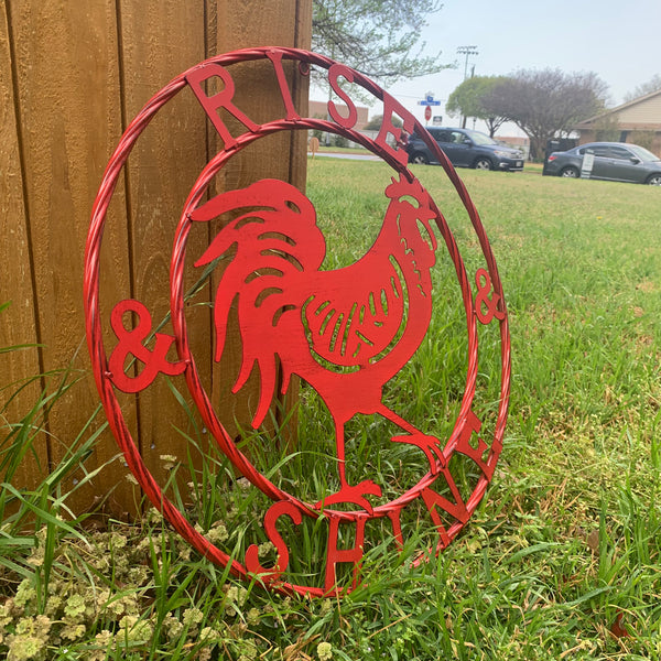 #SI_B9504 RISE & SHINE 24" RED ROOSTER CHICKEN METAL SIGN WESTERN HOME DECOR HANDMADE NEW