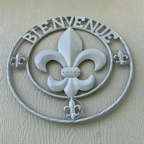 24", 32" GLOSS WHITE FLEUR DE LIS BIENVENUE METAL WALL ART WESTERN HOME DECOR