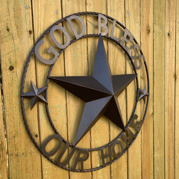 #EH11021 GOD BLESS OUR HOME BARN METAL STAR TWISTED ROPE RING WESTERN HOME DECOR HANDMADE NEW