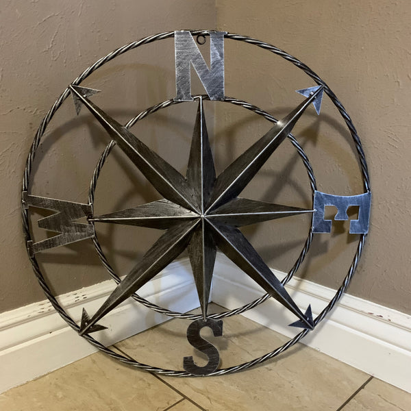 #SI_B8235 COMPASS 24" GREY METAL SIGN WESTERN HOME DECOR HANDMADE NEW