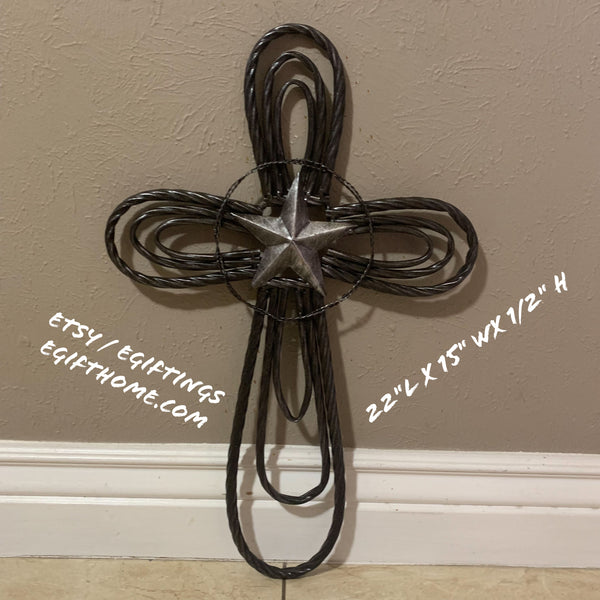 #EH80002 STAR WROUGHT IRON METAL CROSS WALL ART DARK SILVER GREY WESTERN HOME DECOR HANDMADE