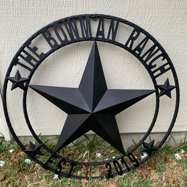 CREEKSIDE FARM STYLE YOUR CUSTOM NAME BARN BLACK STAR 3d WITH TWISTED ROPE RING DESIGN METAL WALL ART WESTERN HOME DECOR NEW HANDMADE, 24", 32", 36", 40", 44", 46", 50"