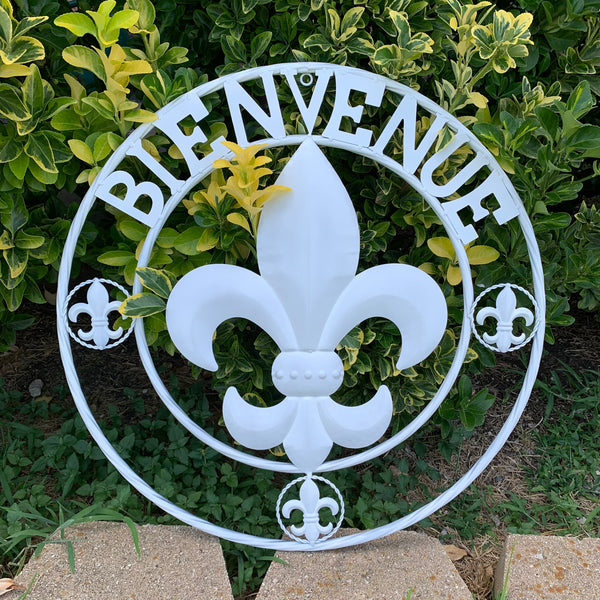 24", 32" GLOSS WHITE FLEUR DE LIS BIENVENUE METAL WALL ART WESTERN HOME DECOR