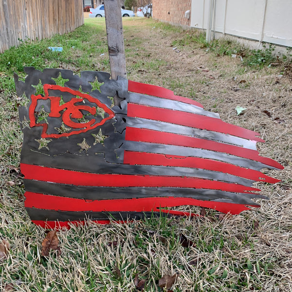 KANSAS CITY CHIEFS METAL TATTERED FLAG CUSTOM VINTAGE CRAFT WALL ART HANDMADE