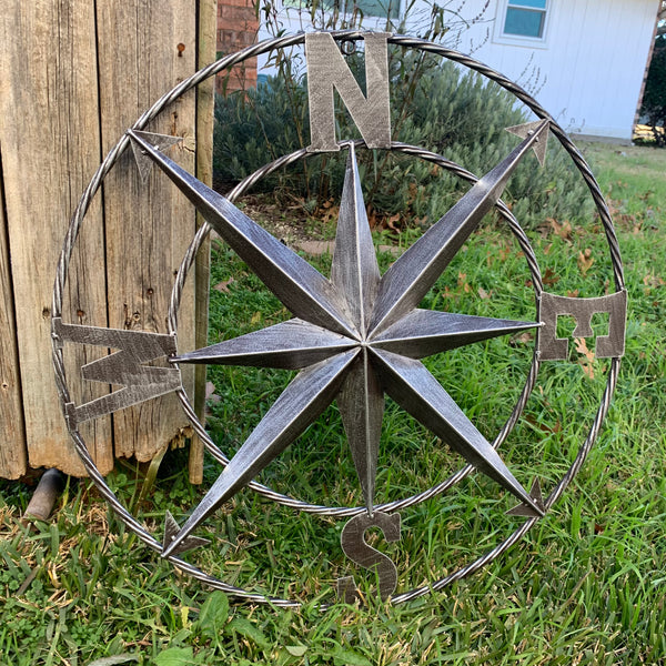 #SI_B8235 COMPASS 24" GREY METAL SIGN WESTERN HOME DECOR HANDMADE NEW
