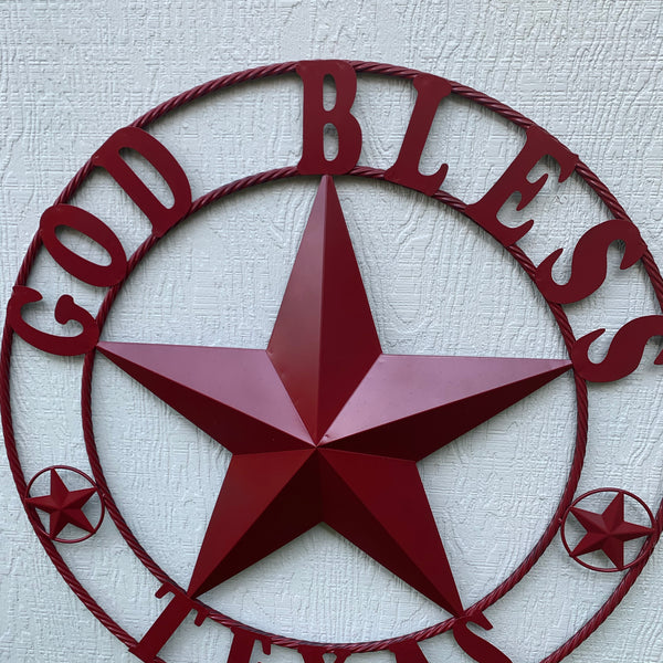 24",32",40",50" BURGUNDY RED GOD BLESS TEXAS BARN STAR ROPE RING METAL WALL ART WESTERN HOME DECOR NEW
