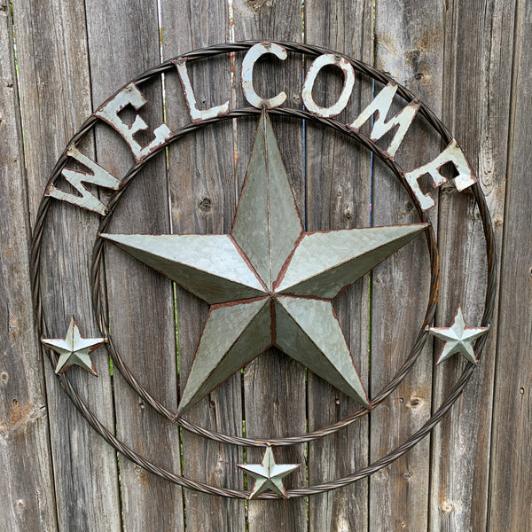 #RT6160 WELCOME GALV 24" METAL BARN STAR TWISTED RING WESTERN HOME DECOR HANDMADE NEW