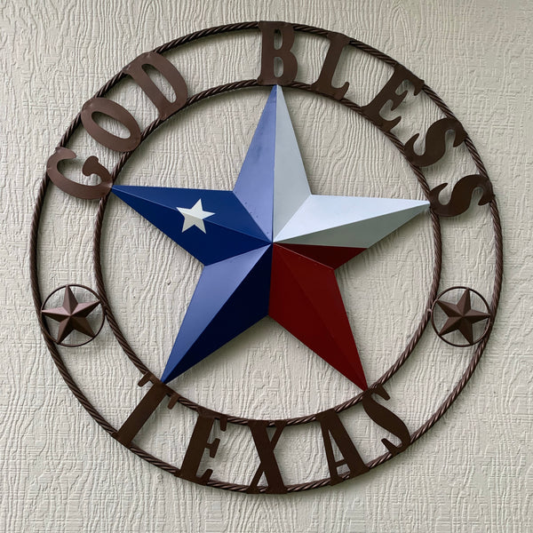 GOD BLESS TEXAS RED WHITE BLUE BARN METAL STAR BRONZE TWISTED ROPE RING WALL ART WESTERN HOME DECOR HANDMADE