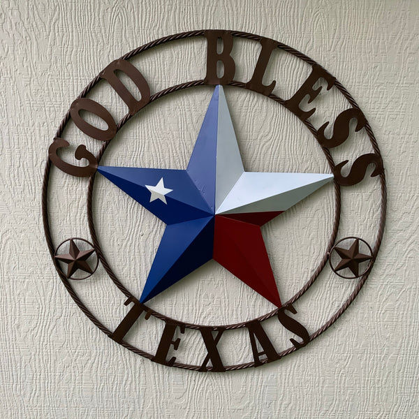 GOD BLESS TEXAS RED WHITE BLUE BARN METAL STAR BRONZE TWISTED ROPE RING WALL ART WESTERN HOME DECOR HANDMADE