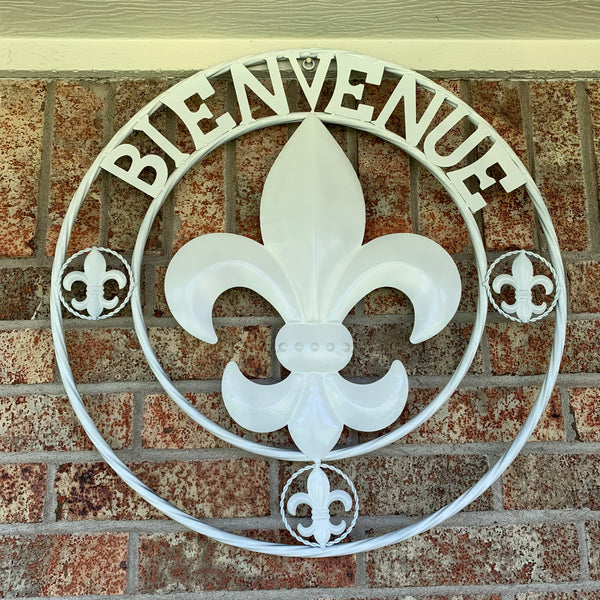 24", 32" GLOSS WHITE FLEUR DE LIS BIENVENUE METAL WALL ART WESTERN HOME DECOR