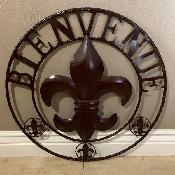 24", 32" FLEUR DE LIS BIENVENUE METAL WALL ART WESTERN HOME DECOR RUSTIC BROWN NEW