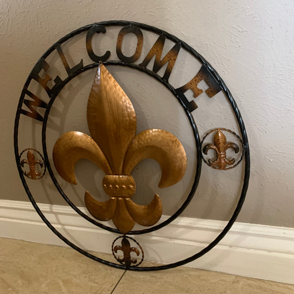 24", 32" WELCOME FLEUR DE LIS METAL WALL ART WESTERN HOME DECOR GOLD & BLACK