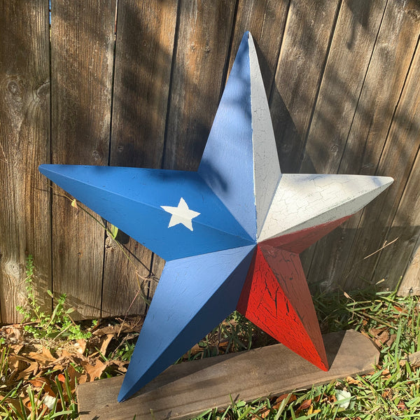 CRACKLE STYLE RED WHITE & BLUE METAL BARN STAR METAL WALL ART WESTERN HOME DECOR RUSTIC NEW