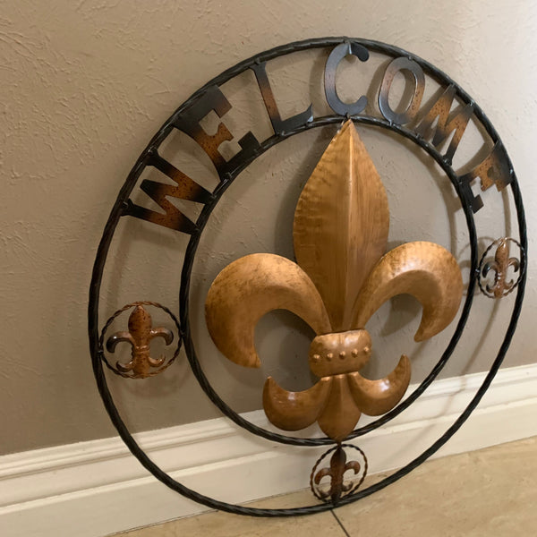 24", 32" WELCOME FLEUR DE LIS METAL WALL ART WESTERN HOME DECOR GOLD & BLACK