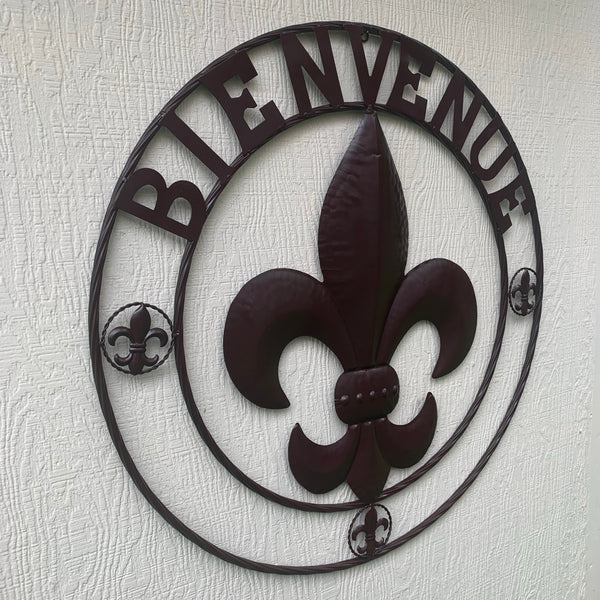 24", 32" FLEUR DE LIS BIENVENUE METAL WALL ART WESTERN HOME DECOR RUSTIC BROWN NEW