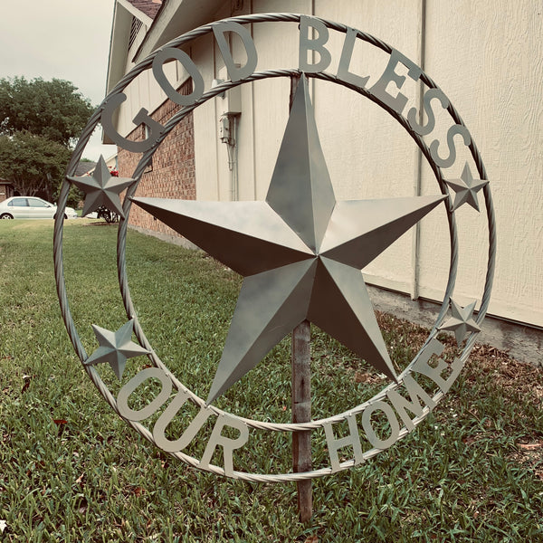36" GOD BLESS OUR HOME RUSTIC BEIGE BARN METAL STAR ROPE RING WALL ART WESTERN HOME DECOR--FREE SHIPPING