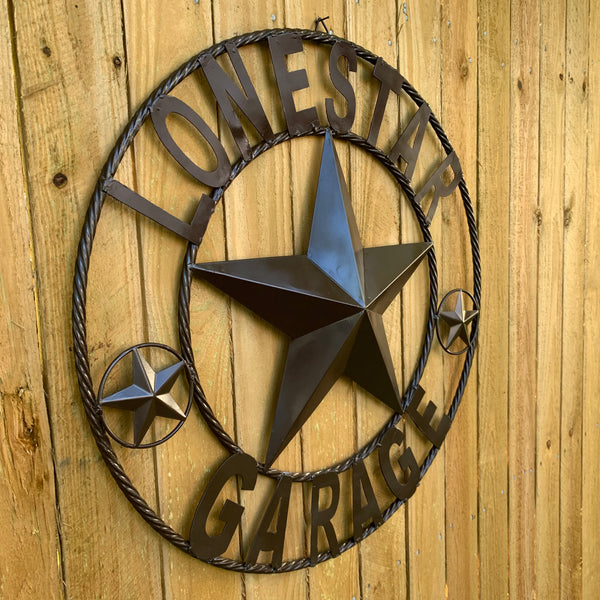 LONESTAR GARAGE STYLE CUSTOM BARN NAME STAR LONESTAR GARAGE METAL NAME BARN STAR WITH TWISTED ROPE RING 3d STAR ART WESTERN HOME DECOR RUSTIC BROWN