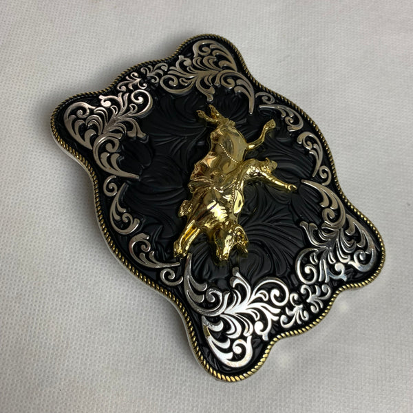 4.5" X 3.5" RODEO BELT BUCKLE BLACK SILVER & GOLD WESTERN BUCKLE FASHION ART NEW #EH12269