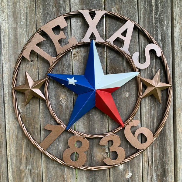 16" TEXAS 1836 RED WHITE BLUE TEXAS FLAG STAR BRONZE RING METAL BARN STAR WESTERN HOME DECOR HANDMADE NEW ART