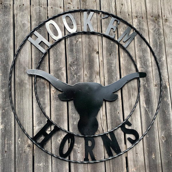 HOOKEM HORNS GLOSSY BLACK TEXAS LONGHORNS HOOK EM METAL CUSTOM VINTAGE CRAFT WALL ART TEAM SIGN HANDMADE