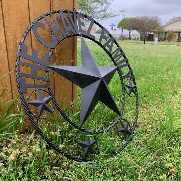 CHAVEZ STYLE CUSTOM FAMILY NAME STAR BLACK STEEL METAL BARN STAR ROPE RING WESTERN HOME DECOR VINTAGE NEW HANDMADE 24",32",34",36",40",42",44",46",50"