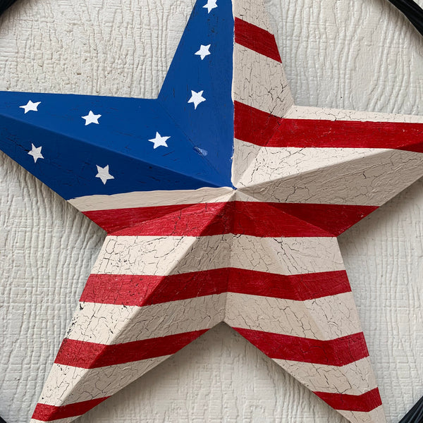 24" AMERICAN USA FLAG CRACKLE STAR METAL WALL ART WESTERN HOME DECOR HANDMADE NEW