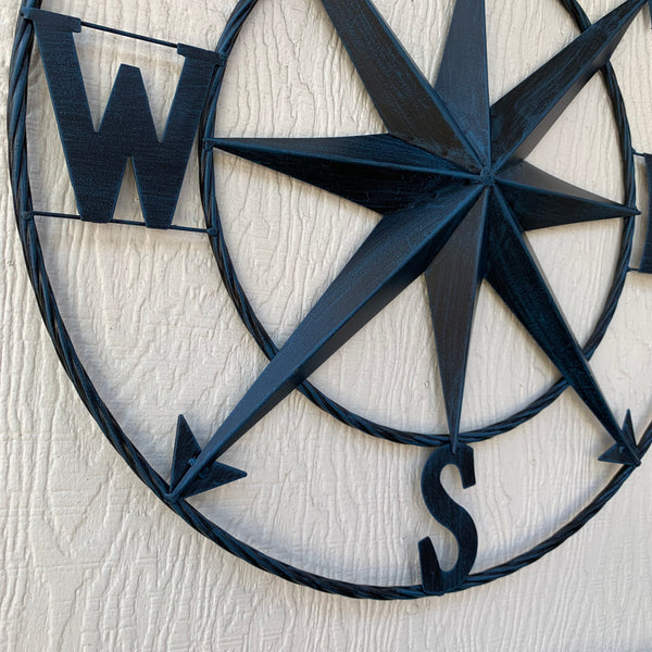 #SI_B8235 COMPASS NAVY BLUE 24" METAL SIGN WESTERN HOME DECOR HANDMADE NEW