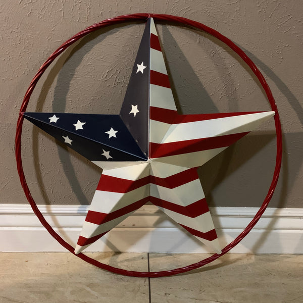 AMERICAN Flag USA Metal Barn Star RED, WHITE & BLUE WITH RED Rope Ring Western Home Decor Handmade 12",16",24",30",34",36",40",48"