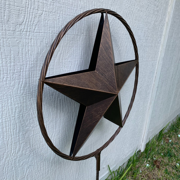 12",16",24" DOUBLE STAR ON STAKE METAL BRONZE COPPER BARN STAR WITH TWISTED ROPE RING CRAFT WESTERN HOME DECOR RUSTIC DECOR