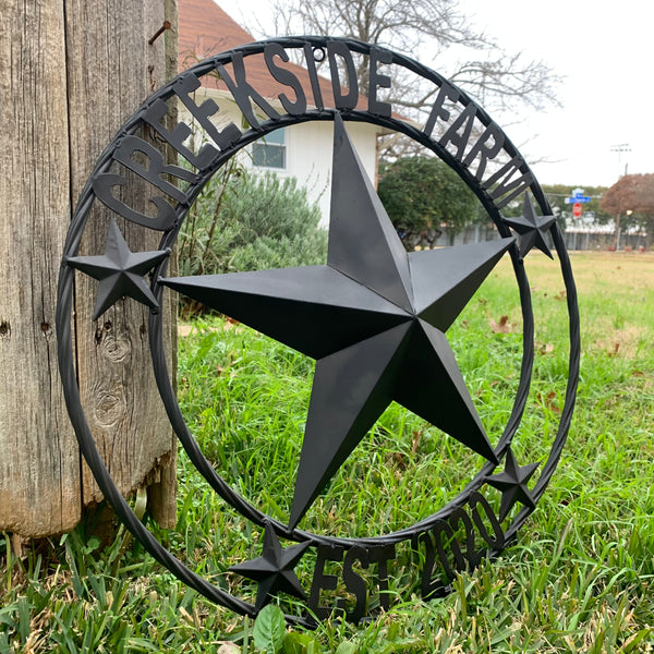 CREEKSIDE FARM STYLE YOUR CUSTOM NAME BARN BLACK STAR 3d WITH TWISTED ROPE RING DESIGN METAL WALL ART WESTERN HOME DECOR NEW HANDMADE, 24", 32", 36", 40", 44", 46", 50"