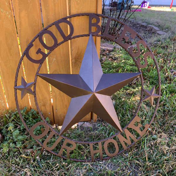 #EH11021 GOD BLESS OUR HOME BARN METAL STAR TWISTED ROPE RING WESTERN HOME DECOR HANDMADE NEW