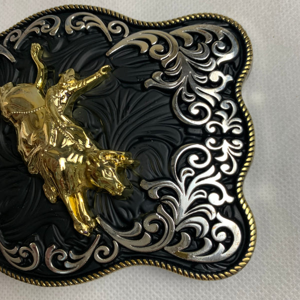 4.5" X 3.5" RODEO BELT BUCKLE BLACK SILVER & GOLD WESTERN BUCKLE FASHION ART NEW #EH12269
