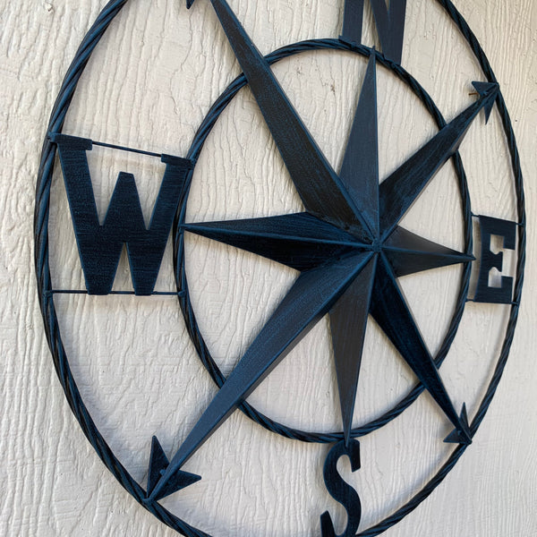 #SI_B8235 COMPASS NAVY BLUE 24" METAL SIGN WESTERN HOME DECOR HANDMADE NEW