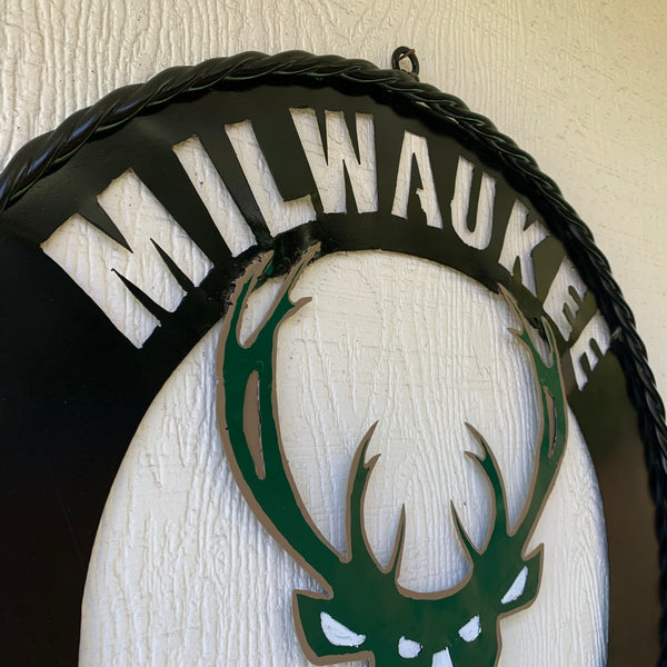 24" MILWAUKEE BUCKS WIDE BAND DISC STYLE METAL CUSTOM VINTAGE CRAFT TEAM SPORTS SIGN HANDMADE