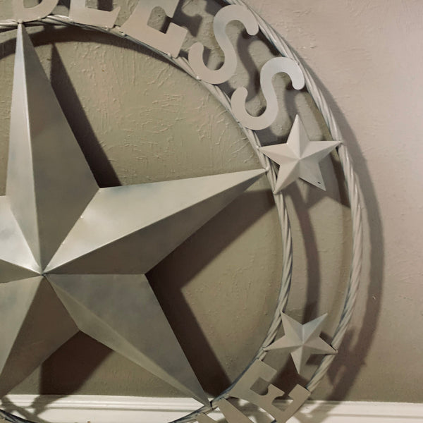 36" GOD BLESS OUR HOME RUSTIC BEIGE BARN METAL STAR ROPE RING WALL ART WESTERN HOME DECOR--FREE SHIPPING