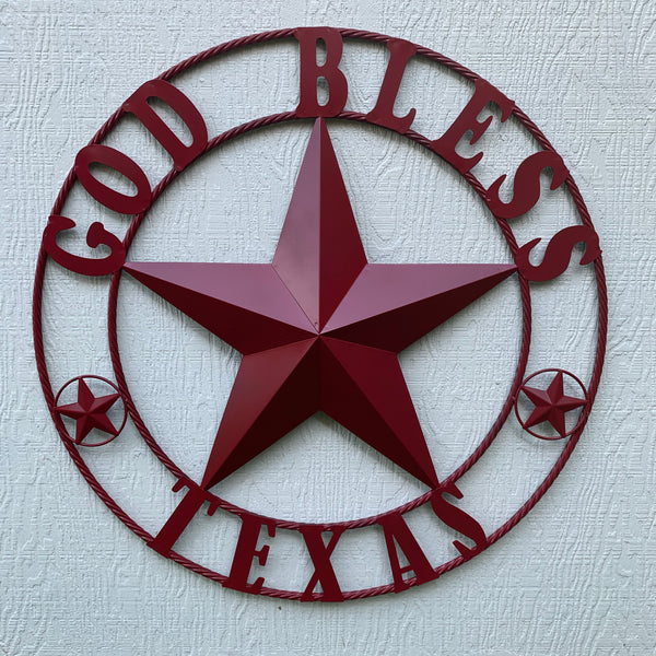 24",32",40",50" BURGUNDY RED GOD BLESS TEXAS BARN STAR ROPE RING METAL WALL ART WESTERN HOME DECOR NEW