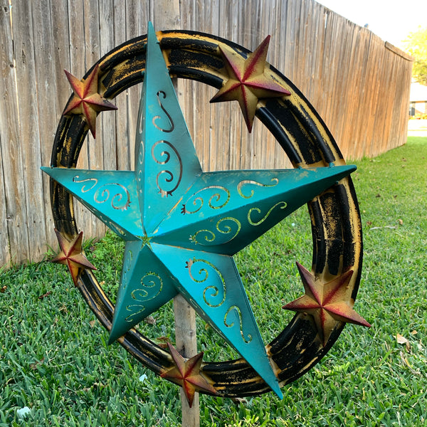 #RT5045 TURQUOISE CARVED CUT STAR 26",36", BARN METAL WESTERN HOME DECOR HANDMADE NEW