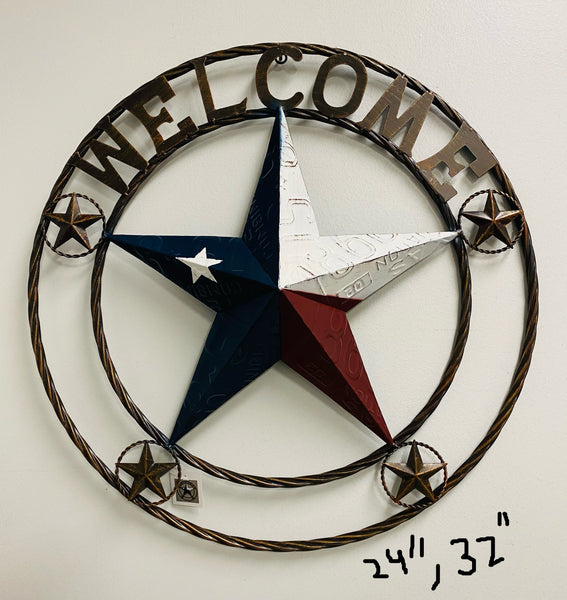 ITEM#SI_XL2127 WELCOME LICENSE PLATE RED WHITE BLUE BARN METAL LONE STAR TWISTED ROPE RING WESTERN HOME DECOR HANDMADE NEW 18",24",36",40"