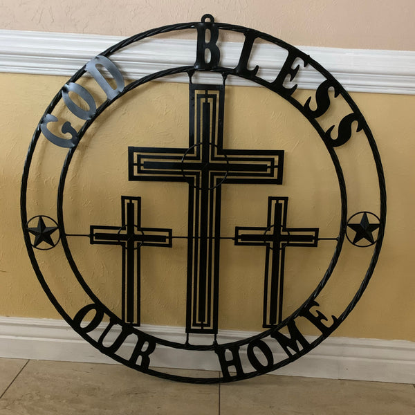 40"GOD BLESS OUR HOME CRUCIFIX CROSS METAL WALL ART BLACK HANDMADE NEW