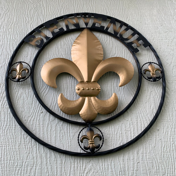 BIENVENUE FLEUR DE LIS METAL WALL ART WESTERN HOME DECOR RUSTIC GOLD & BLACK NEW--FREE SHIPPING