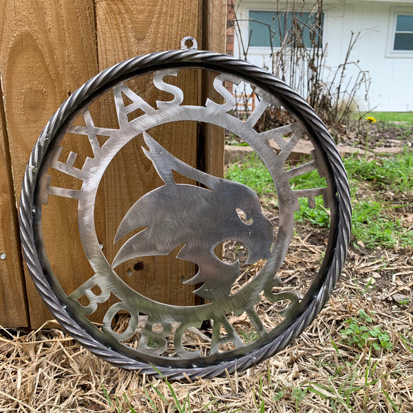 12" TEXAS STATE BOBCATS CUSTOM RAW METAL VINTAGE CRAFT SIGN TEAM ART HANDMADE IN TEXAS