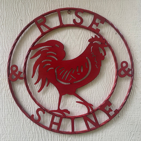 #SI_B9504 RISE & SHINE 24" RED ROOSTER CHICKEN METAL SIGN WESTERN HOME DECOR HANDMADE NEW