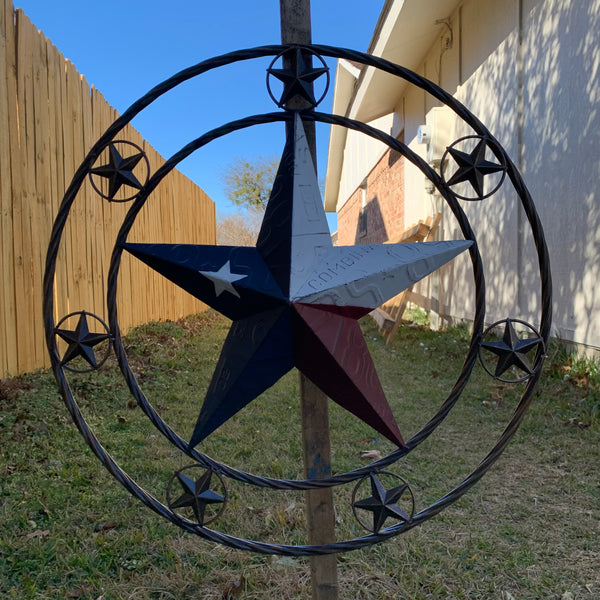 24" LICENSE PLATE MULTI STAR RED WHITE BLUE METAL BARN STAR WESTERN HOME DECOR NEW