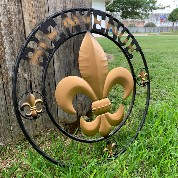 BIENVENUE FLEUR DE LIS METAL WALL ART WESTERN HOME DECOR RUSTIC GOLD & BLACK NEW--FREE SHIPPING