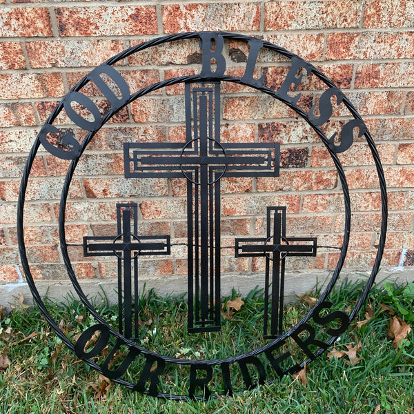 40"GOD BLESS OUR RIDERS CRUCIFIX BLACK CROSS METAL WALL ART HANDMADE