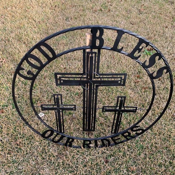 40"GOD BLESS OUR RIDERS CRUCIFIX BLACK CROSS METAL WALL ART HANDMADE