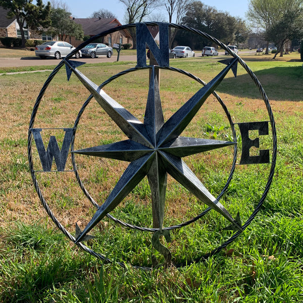 36" COMPASS GREY METAL ART WESTERN METAL ART HOME WALL DECOR RUSTIC GREY