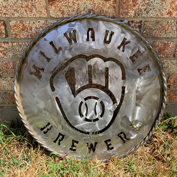 24" MILWAUKEE BREWERS RAW METAL WIDE BAND DISC STYLE CUSTOM METAL VINTAGE CRAFT TEAM SIGN HANDMADE