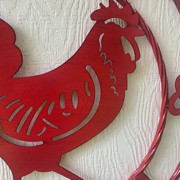 #SI_B9504 RISE & SHINE 24" RED ROOSTER CHICKEN METAL SIGN WESTERN HOME DECOR HANDMADE NEW